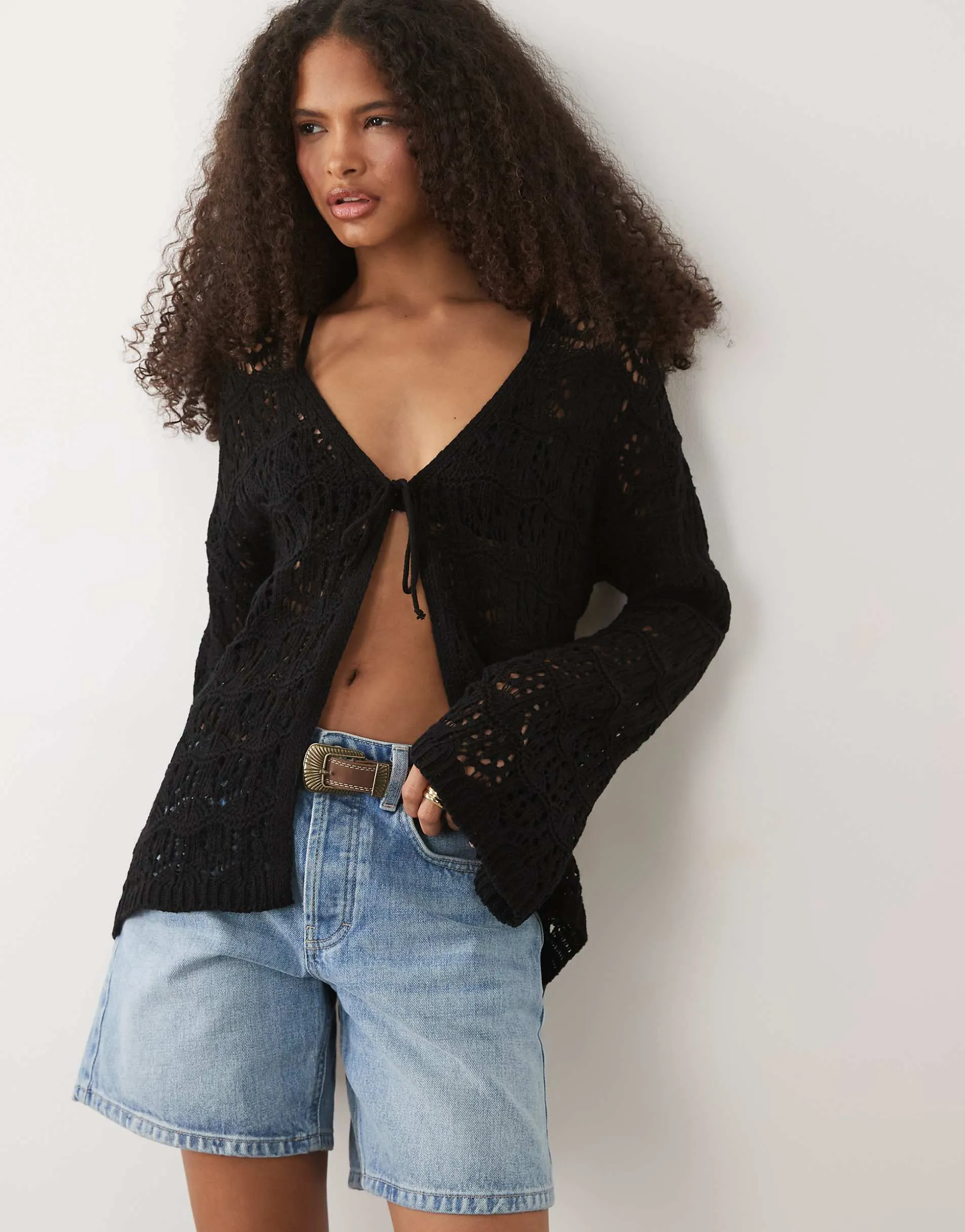 Miss Selfridge tie front boho cardigan in black