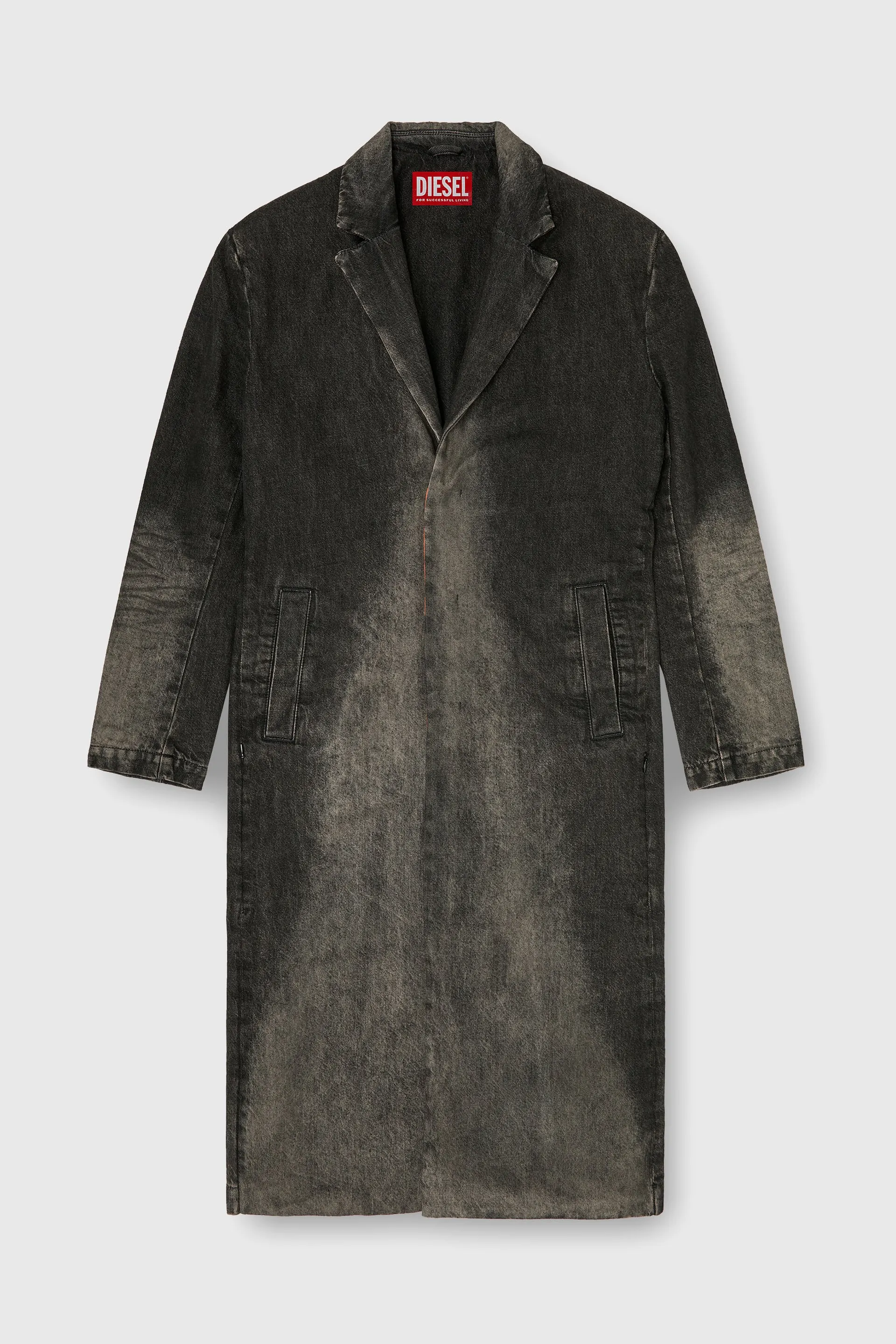 Long coat in dirty-effect denim