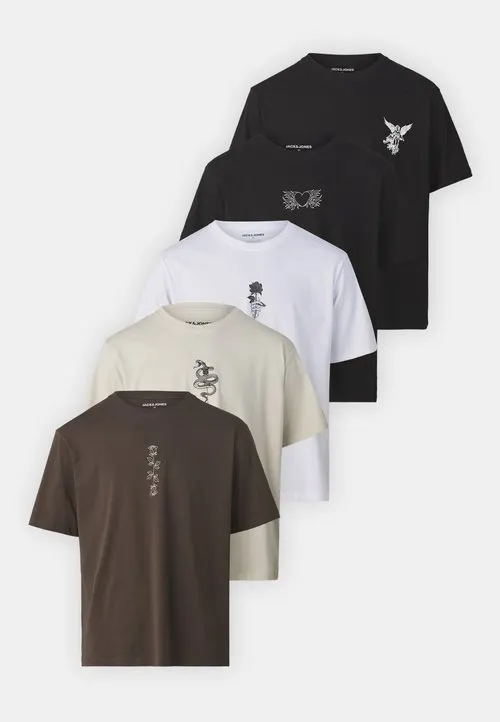JJWOLFIE 5 PACK - T-shirts med print - chocolate brown /white/moonbeam/black