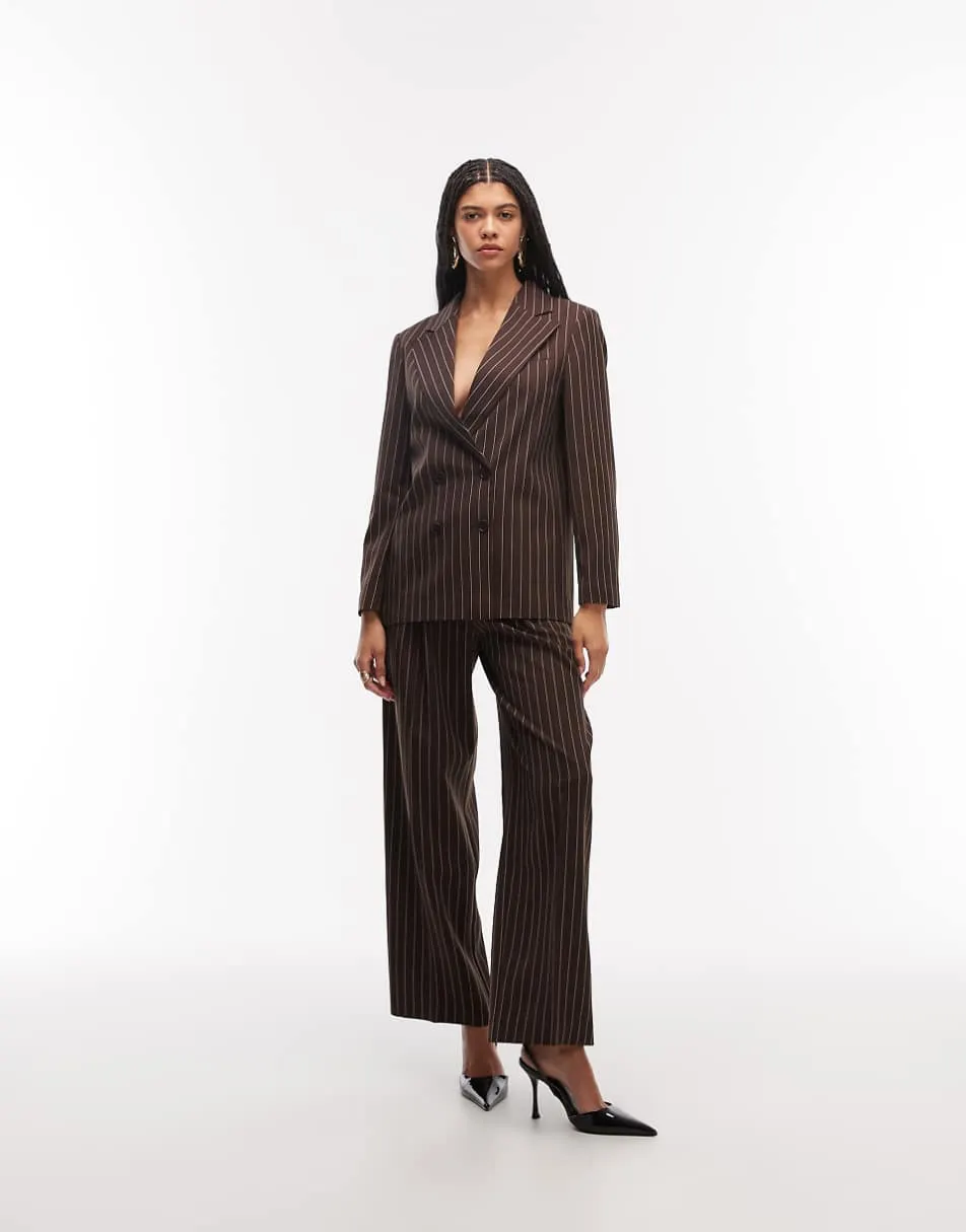 COLLUSION wide leg pleated trouser co-ord in chocolate pinstripe