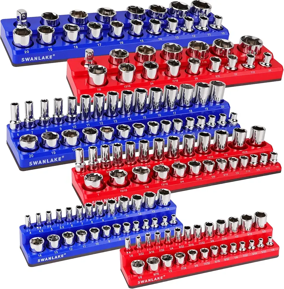 Magnetic Socket Organizer Set, 6PCS Socket Holder, 1/4", 3/8", 1/2" Sockets Holds 143 Pieces Magnetic Sockets Trays (Blue&red, 6 Pcs)
