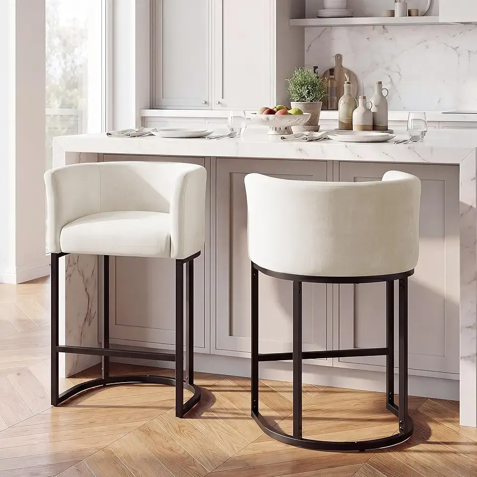 GRUSIGN Chenille Counter Height Bar Stools Set of 2, 26" Kitchen Island Stools with Arms & Footrest, Upholstered Barrel Back Bar Chairs for Kitchen， Dining Room, Bar & Lounge Area, 450 lbs, Off-White