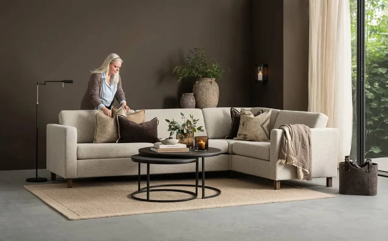 Hjellegjerde Basic hjørnesofa Modulsofa. 3,5 seter duo-hjørne 90-1,5 seter, armlen nr 2, stoff Noelle 30, Mocca ben
