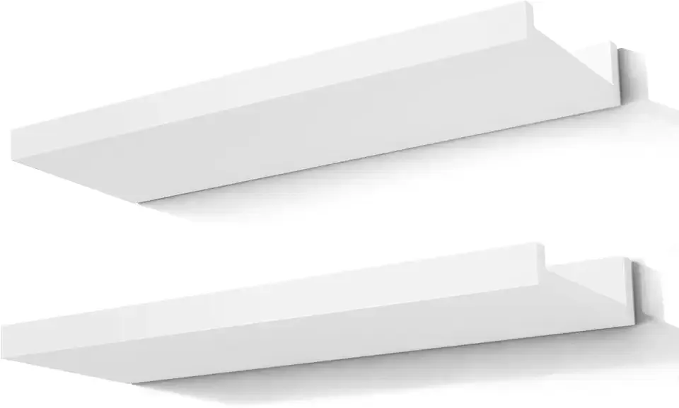 White Floating Shelves for Wall Decor, Wall Mounted Wood Storage Shelf for Bedroom, Living Room, Bathroom, Kitchen, Nursery, Display Picture Ledge Shelf with Lip Set of 2-14 Inches, White