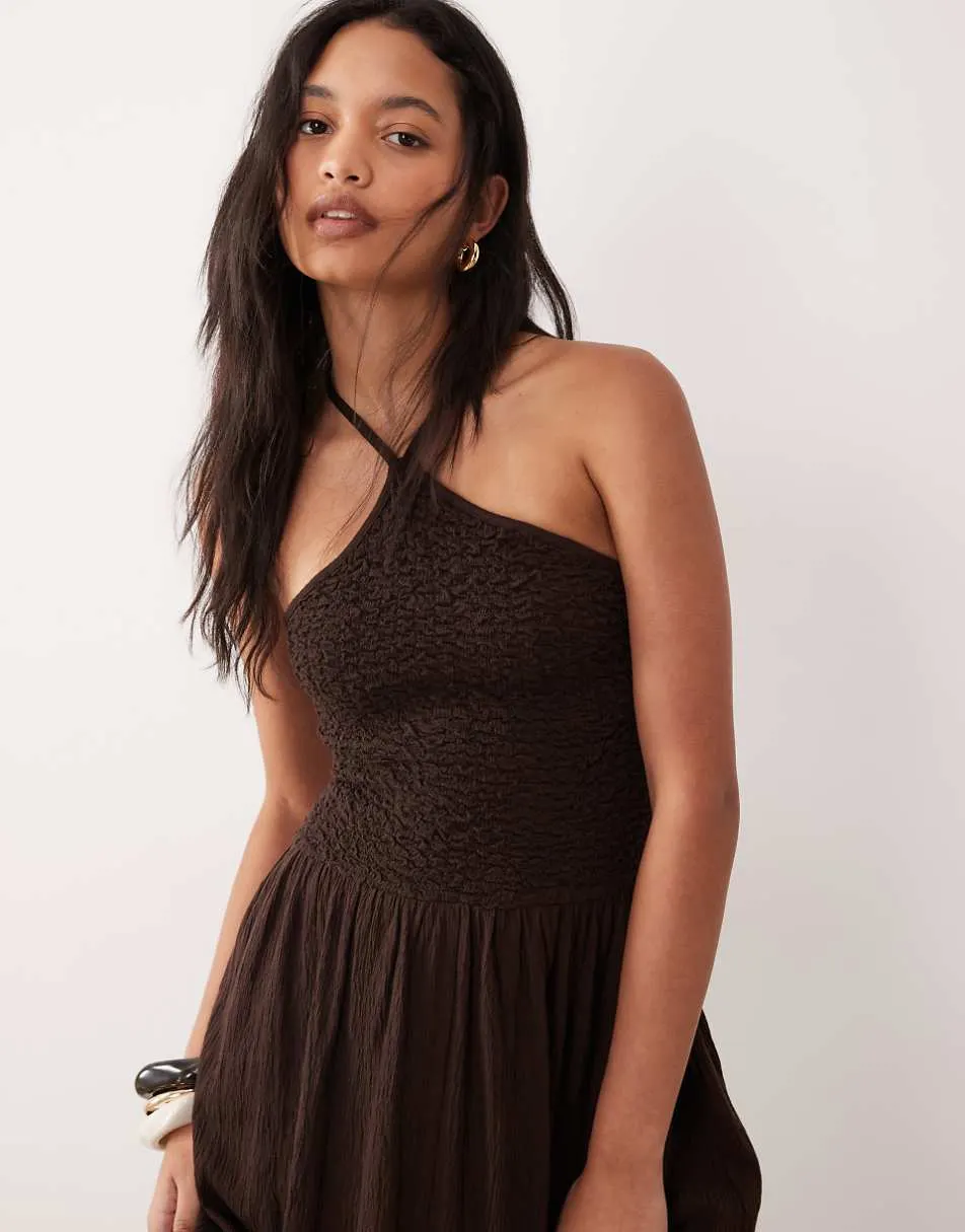 ASOS DESIGN crinkle cami halter midi dress in chocolate