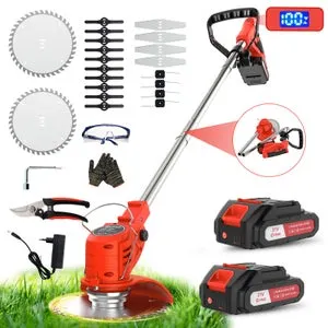 OUTIGO Decespugliatore elettrico a batteria, decespugliatore da prato con 2 batterie e 4 tipi di lame, impugnatura regolabile