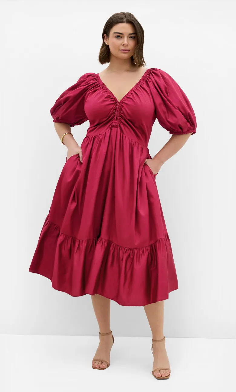 Gracie V Neck Cotton Midi Dress - raspberry