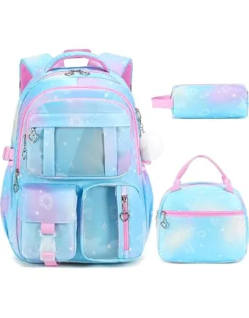 Backpack for Girls, Girls Backpack with Lunch Box & Pencil Case Set, 3PCS Kids Bookbag for Girl Teens, Waterproof School Backpack for Elementary Middle High School Students Ages 3-18 Blue Dreamy