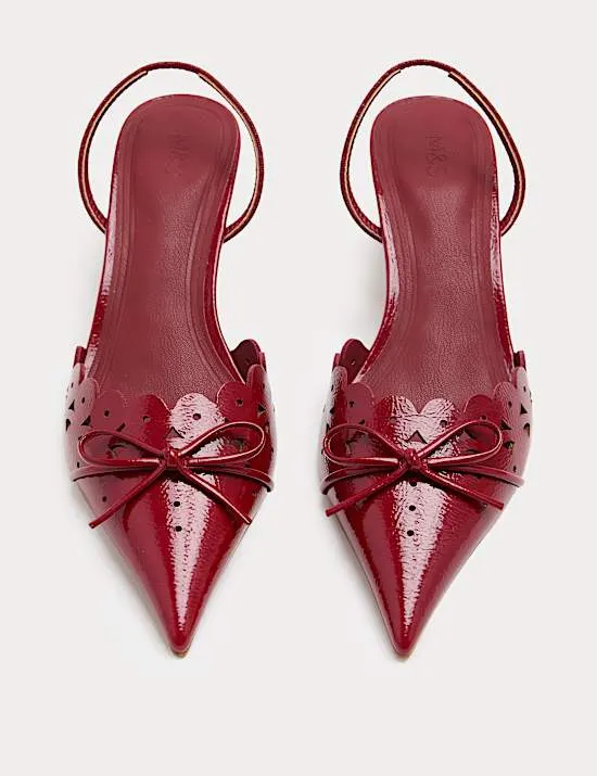 Patent Bow Cut Out Kitten Heel Pointed Slingback Shoes