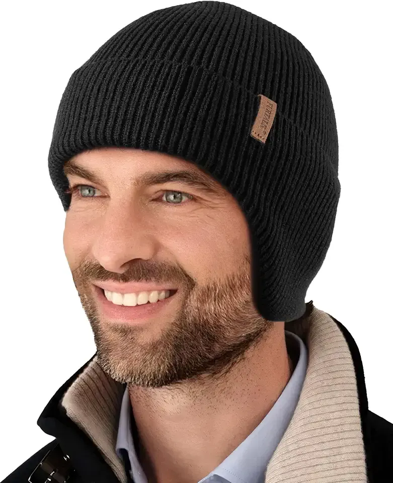Winter Beanie Hats with Earflap for Men Warm Fleece Line Knitted Outdoor Caps