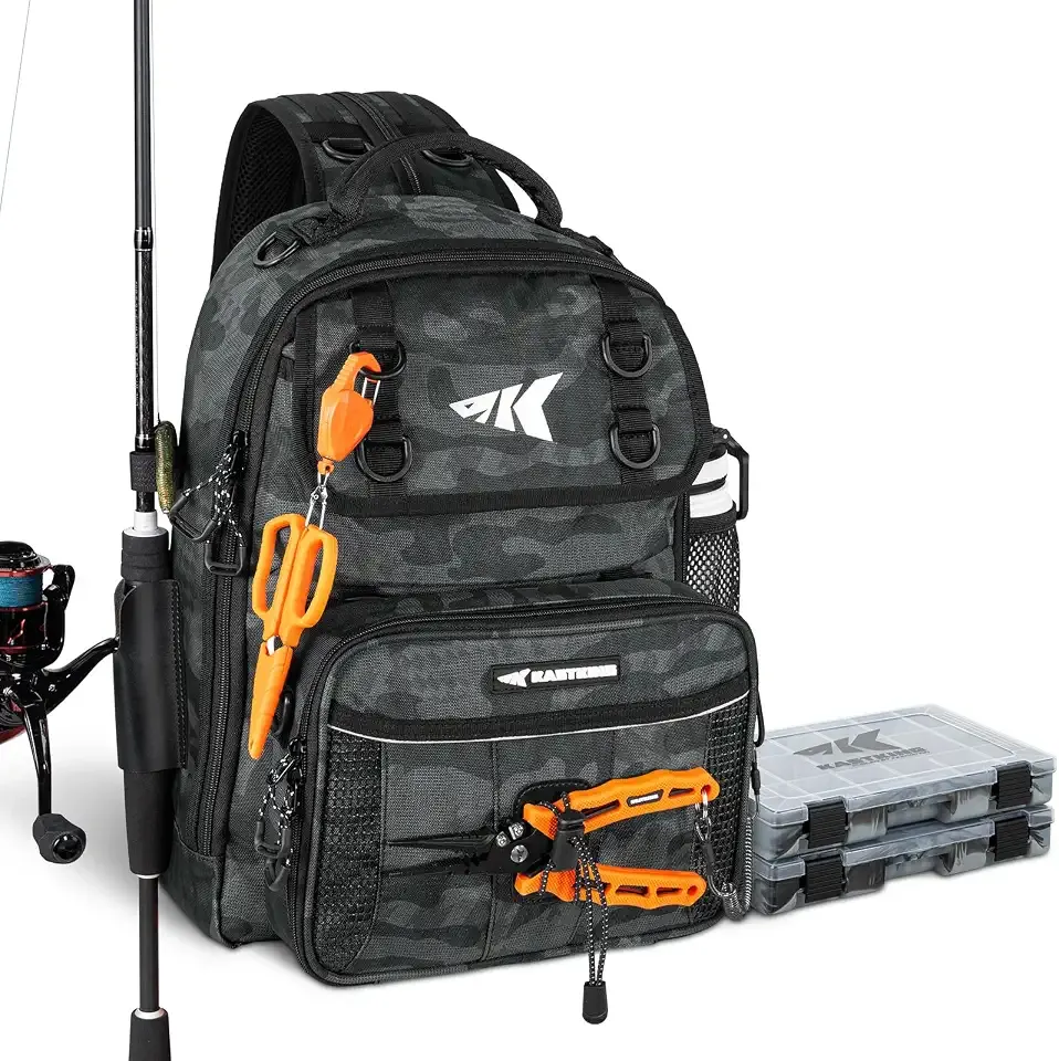 KastKing BaitSpace Fishing Sling Bag, Fishing Backpack with Rod & Beverage Holder, Tackle Bag for Fishing Gear