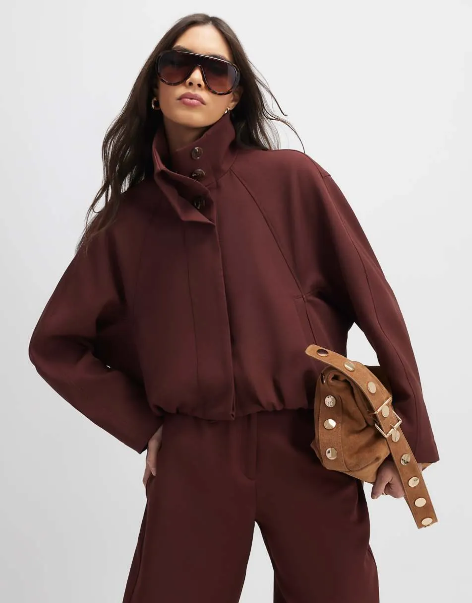 River Island tailored funnel neck bomber jacket in brown