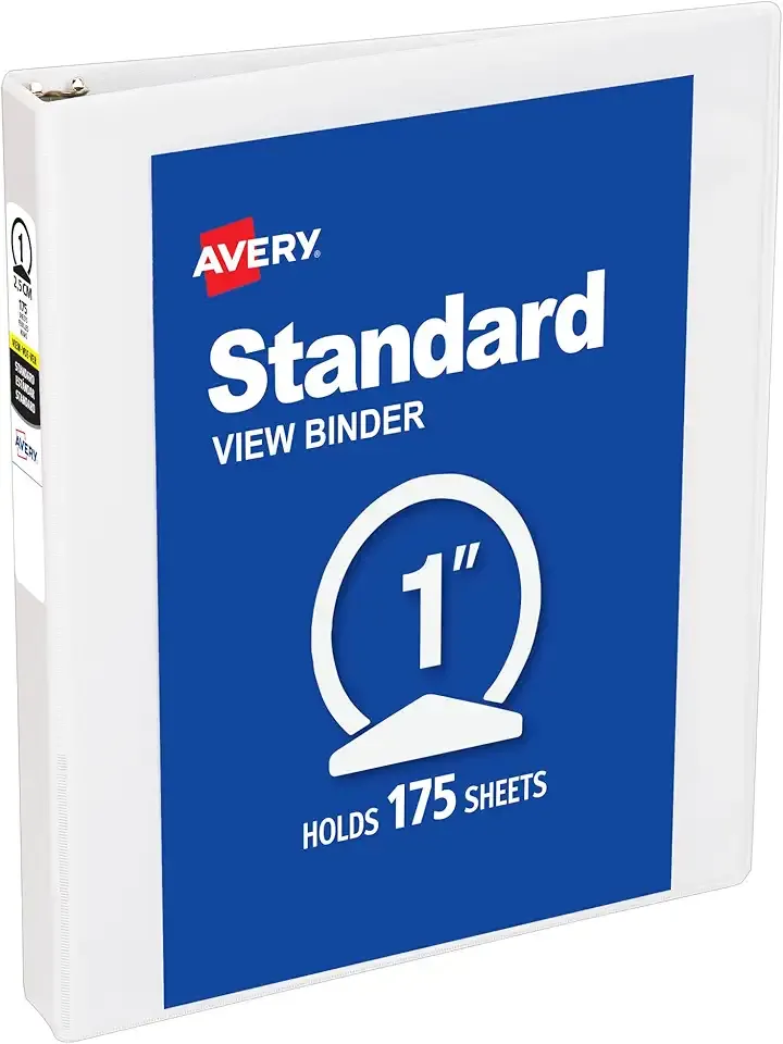 Avery Standard View 3 Ring Binder, 1" Round Rings, 175-Sheet Capacity, 1.4 Inch Wide Spine, 1 White Binder, Ideal for Lightweight Organization and Occasional Referencing (05760)