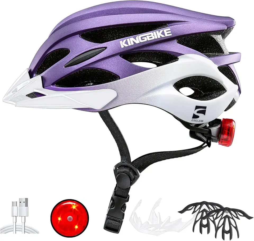 KINGBIKE Bike Helmet for Adult Men Women Youth Road Commute Mountain Cycling Helmets with USB Rechargeable Light Replaceable Padding and Visors Lightweight 20.4-23.6in