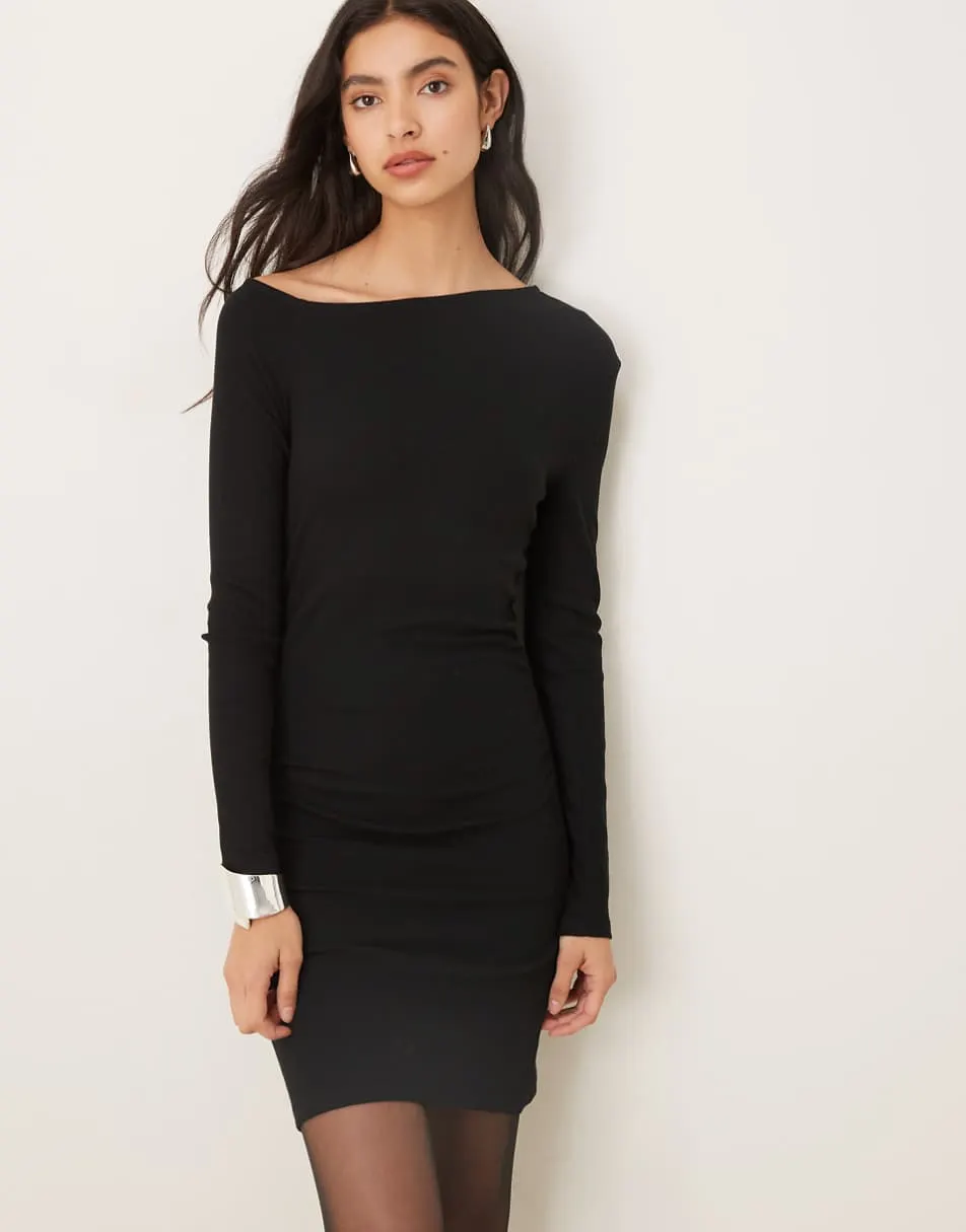 ASOS DESIGN ribbed long sleeve split front mini dress in black