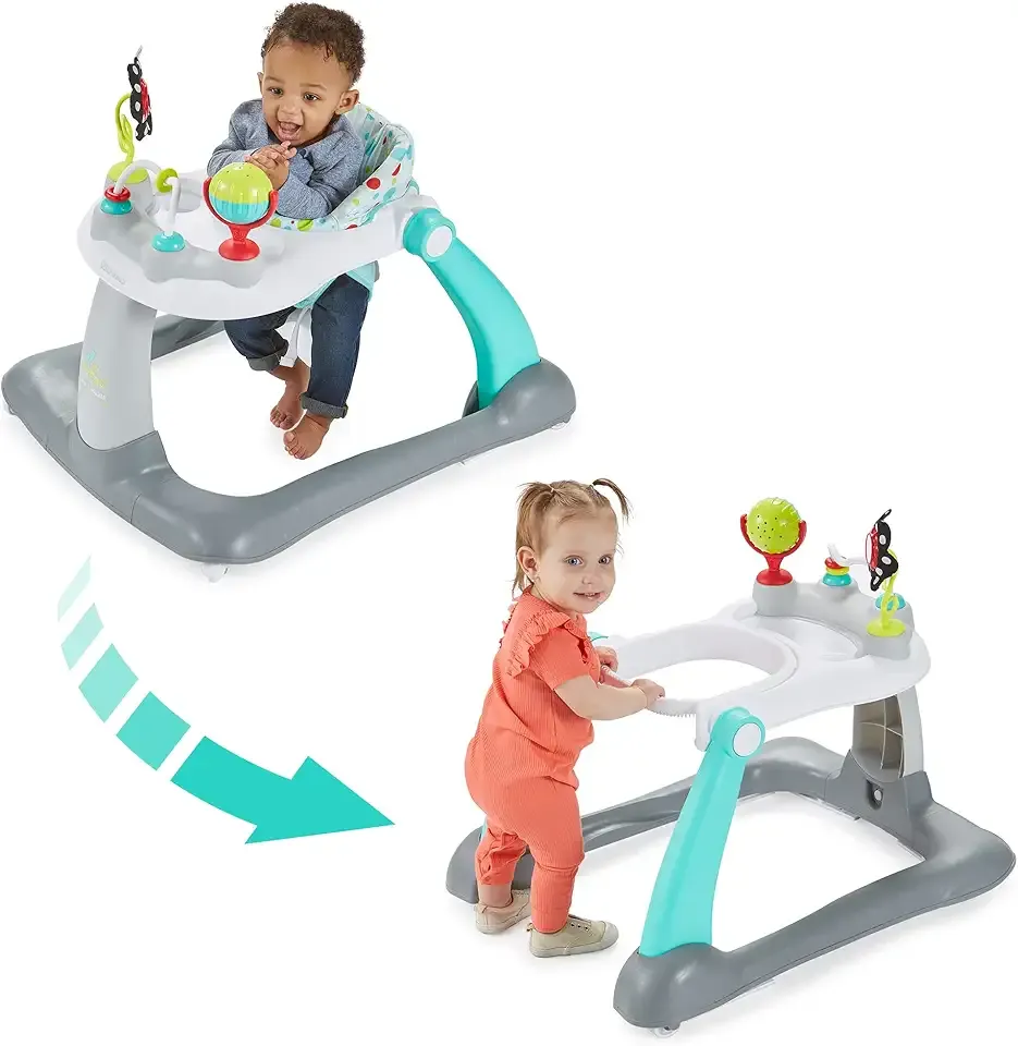 Kolcraft Tiny Steps 2 in 1 Foldable Infant and Baby Walker with Wheels, Seated or Walk Behind Activity Center, Entertaining Developmental Activities for Boys and Girls, Wide Base Sturdy Frame, Bubbles