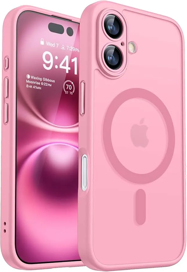 CANSHN Magnetic for iPhone 16 Case, Upgraded [Full Camera Protection] [Compatible with Magsafe] [Translucent Matte] Shockproof Protective Phone Case for iPhone 16 - Pink