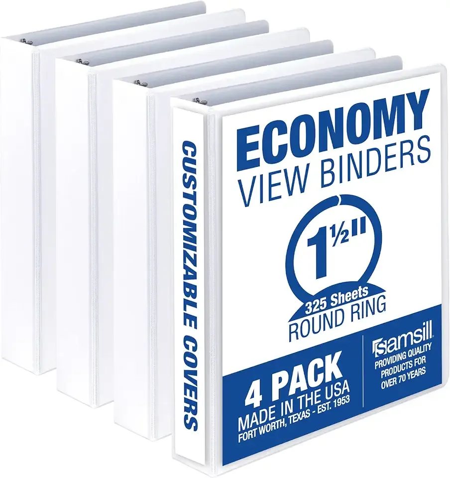 Samsill 1.5 Inch 3 Ring Binders, Economy Round Ring, Clear View Cover, 325 Sheet Capacity - for School, Home, Office - White, 4 Pack