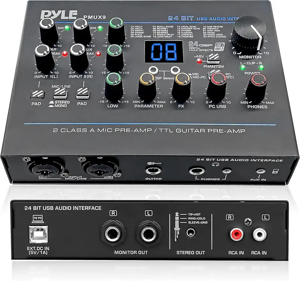 Pyle USB Audio Interface - MIC/LINE - Guitar - AUX Stereo & RCA Inputs - Preset 24 Digital Effects - Phantom Power - Phone/Stereo/Monitor/Headphone Outputs - For Computer Playing & Recording - PMUX9
