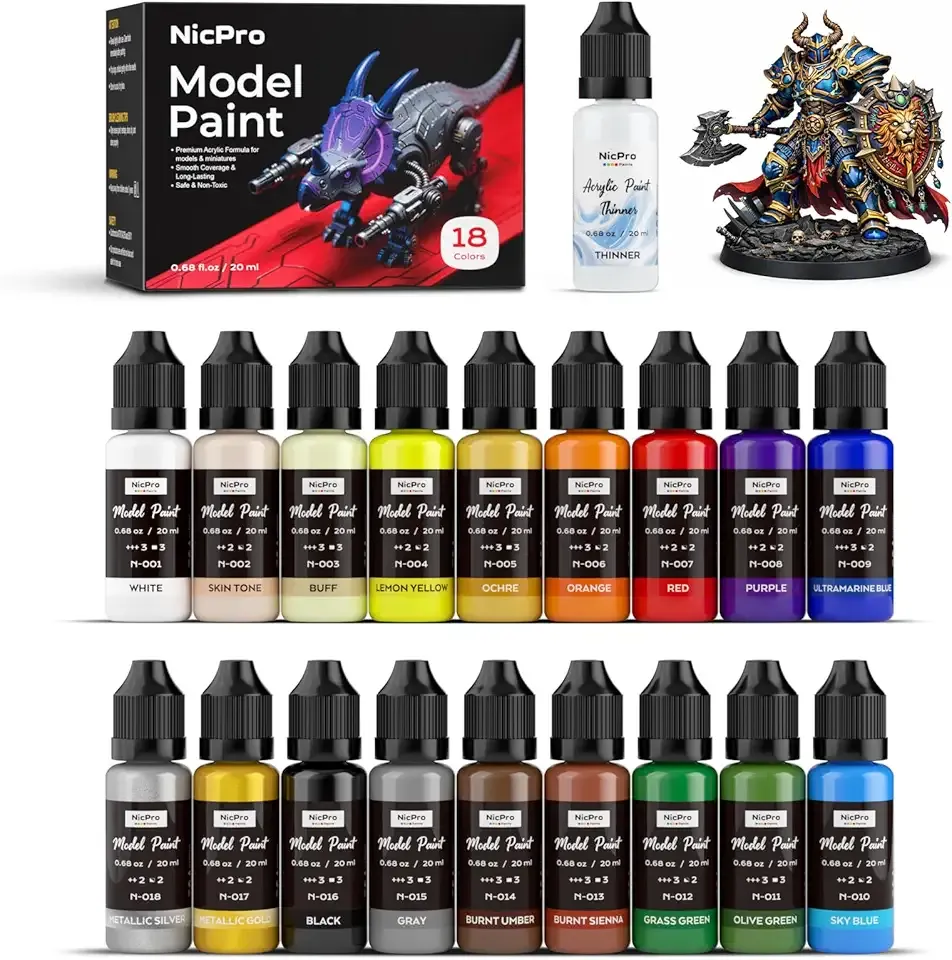 Nicpro 18 Colors Model Paint Set, 20ml Ready to Use Modeling Acrylic Paints, Brush & Airbrush Compatible, Miniature Paint Set for Beginners & Artists on Models, Figures, Crafts, Canvas, with 1 Thinner