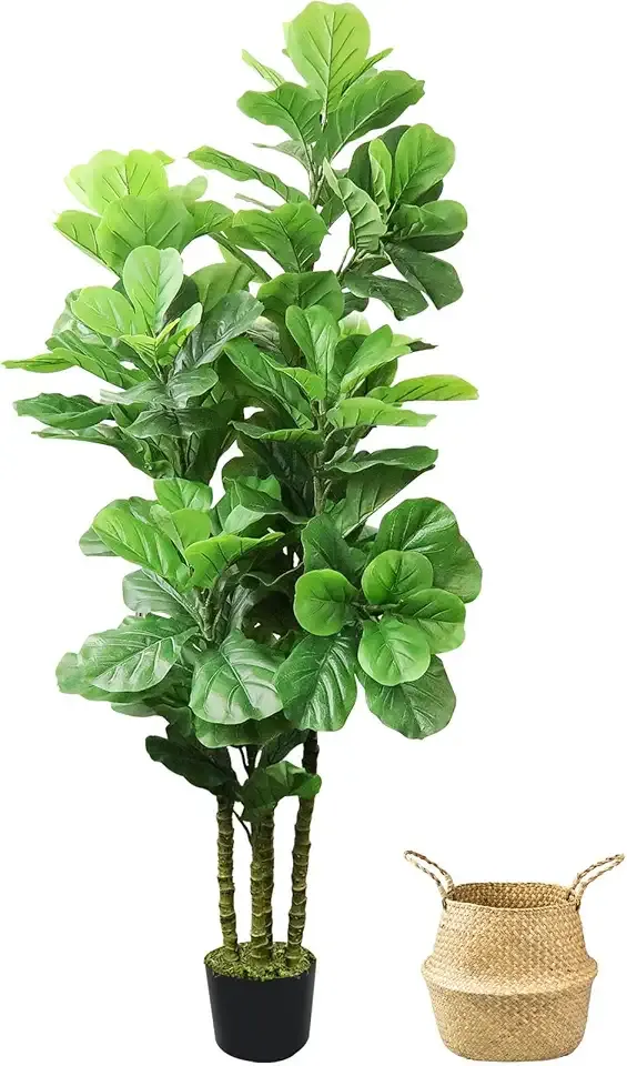 ROOMTEC Artificial Fiddle Leaf Fig Tree,6 FT Tall Artificial Tree with Woven Seagrass Plant Basket Fake Floor Plant in Pot for Home Decor Living Room Indoor Outdoor Office Bedroom Decor