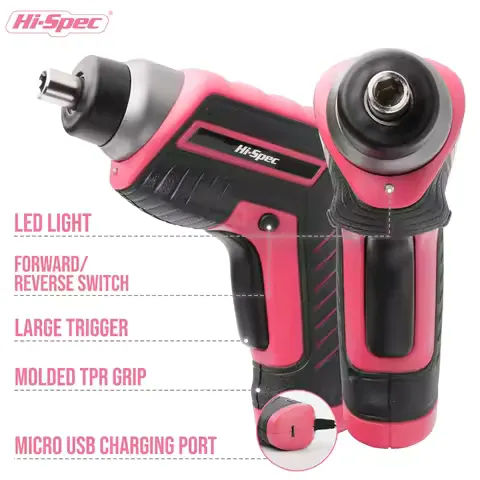 Hi-Spec 35pc Pink/Black Cordless Screwdriver Set w/ LED Light & Rechargeable - Women's Home Repair Kit, Professional DIY Tools