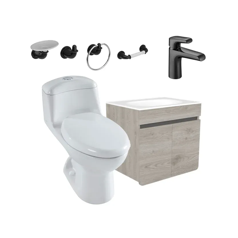 Combo Smart: Sanitario Smart Alongado Blanco De Una Pieza + Mueble Elevado Aluvia 60 Cm Cenizo + Grifería Cascade Negra Corona