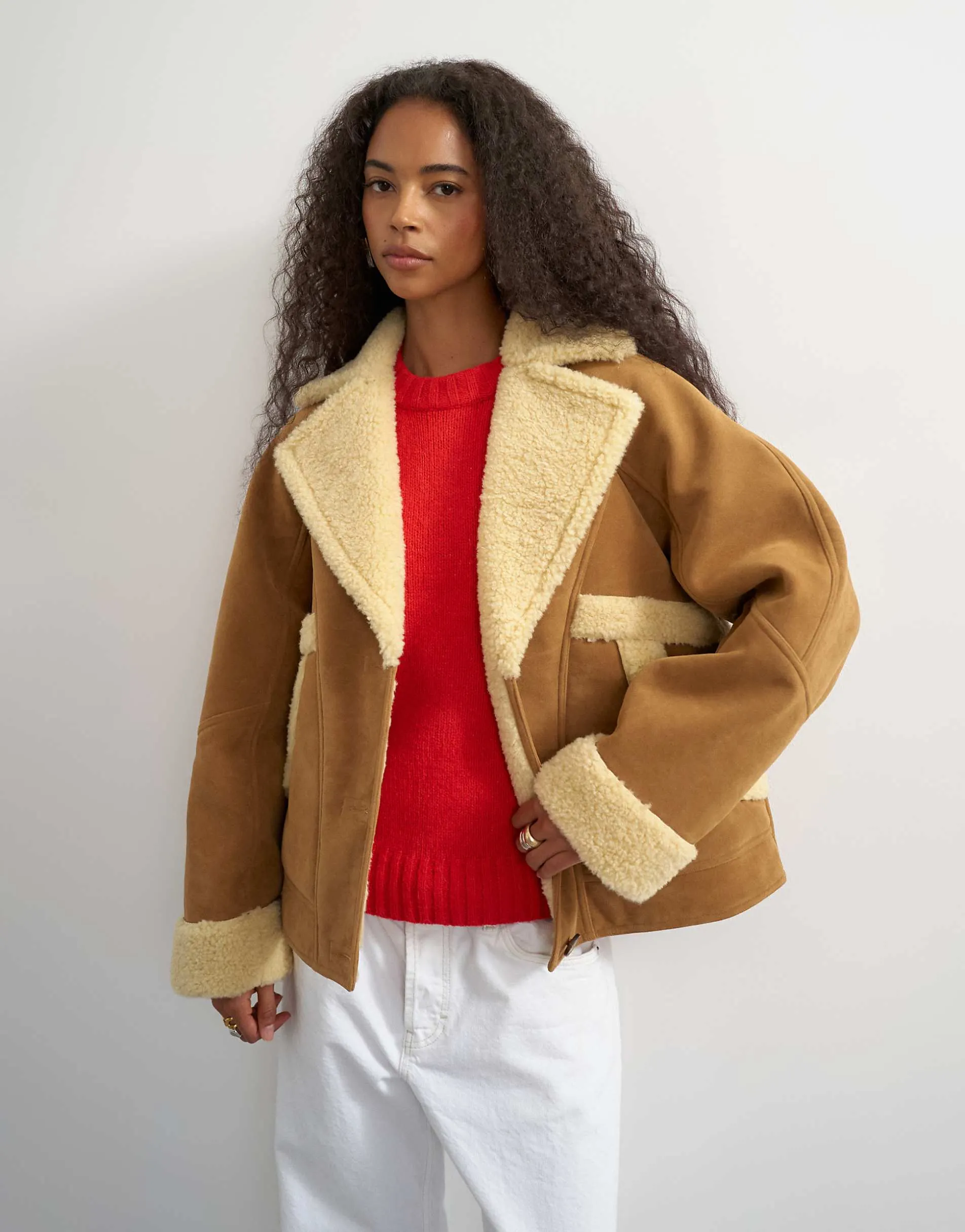 Topshop faux shearling short jacket in beige