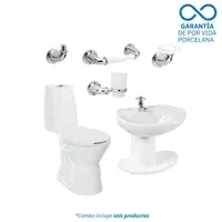 Combo Happy : Sanitario Happy Redondo Blanco De 2 Piezas + Lavamanos Happy Con Semi Pestal Happy + Grifería Balta Cruceta + Accesorios Cromados Happy 4 Piezas Corona