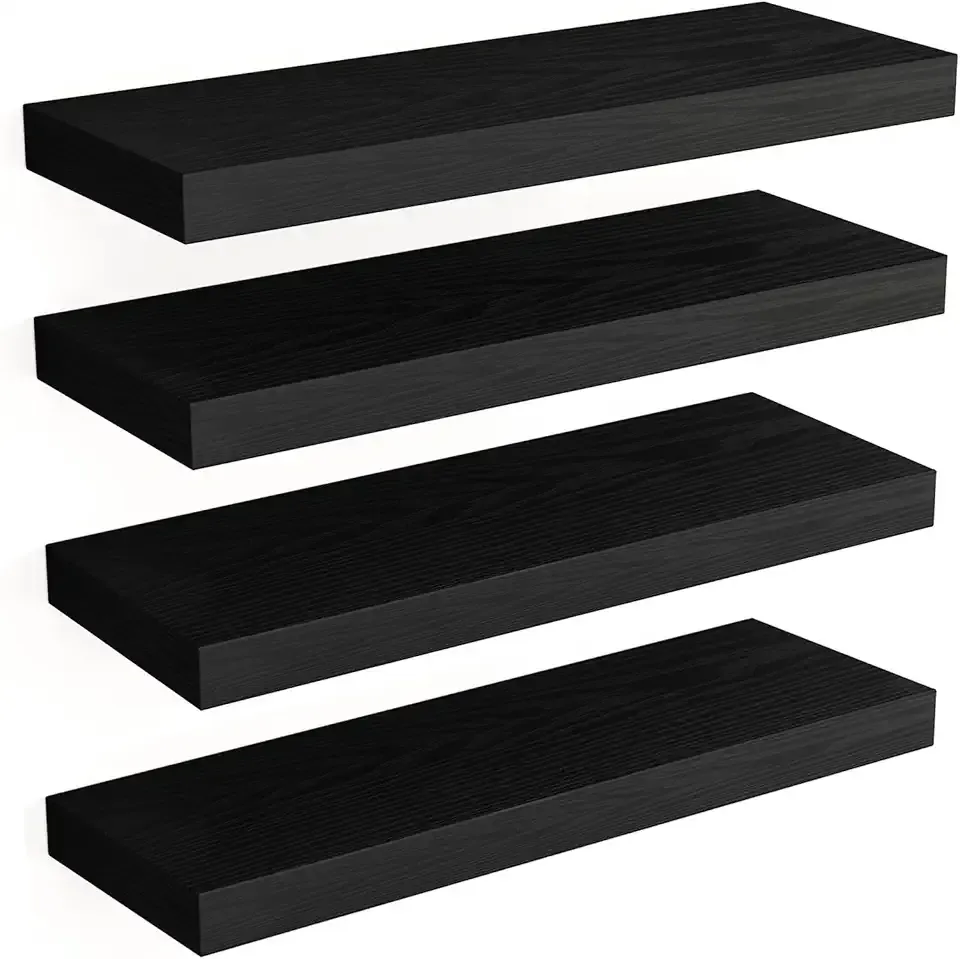 Fixwal Floating Shelves for Wall, Wall Mounted Rustic Wood Shelves for Bathroom, Living Room, Bedroom and Kitchen, Wall Shelves for Storage,Books,Room Decor (Black, Set of 4, 15.8 Inch)