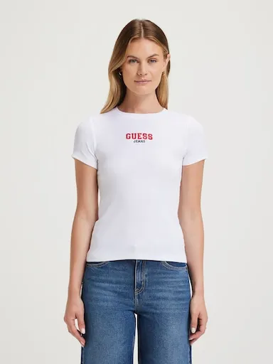 Guess Slim Rib Embroidered Logo Tee In White