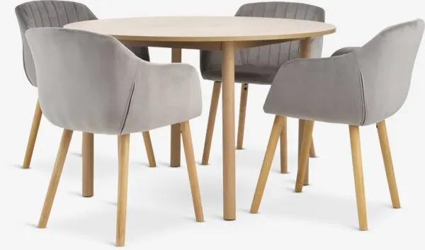 ALSTED + ADSLEV ALSTED Ø120 tafel naturel eik + 4 ADSLEV velvet grijs