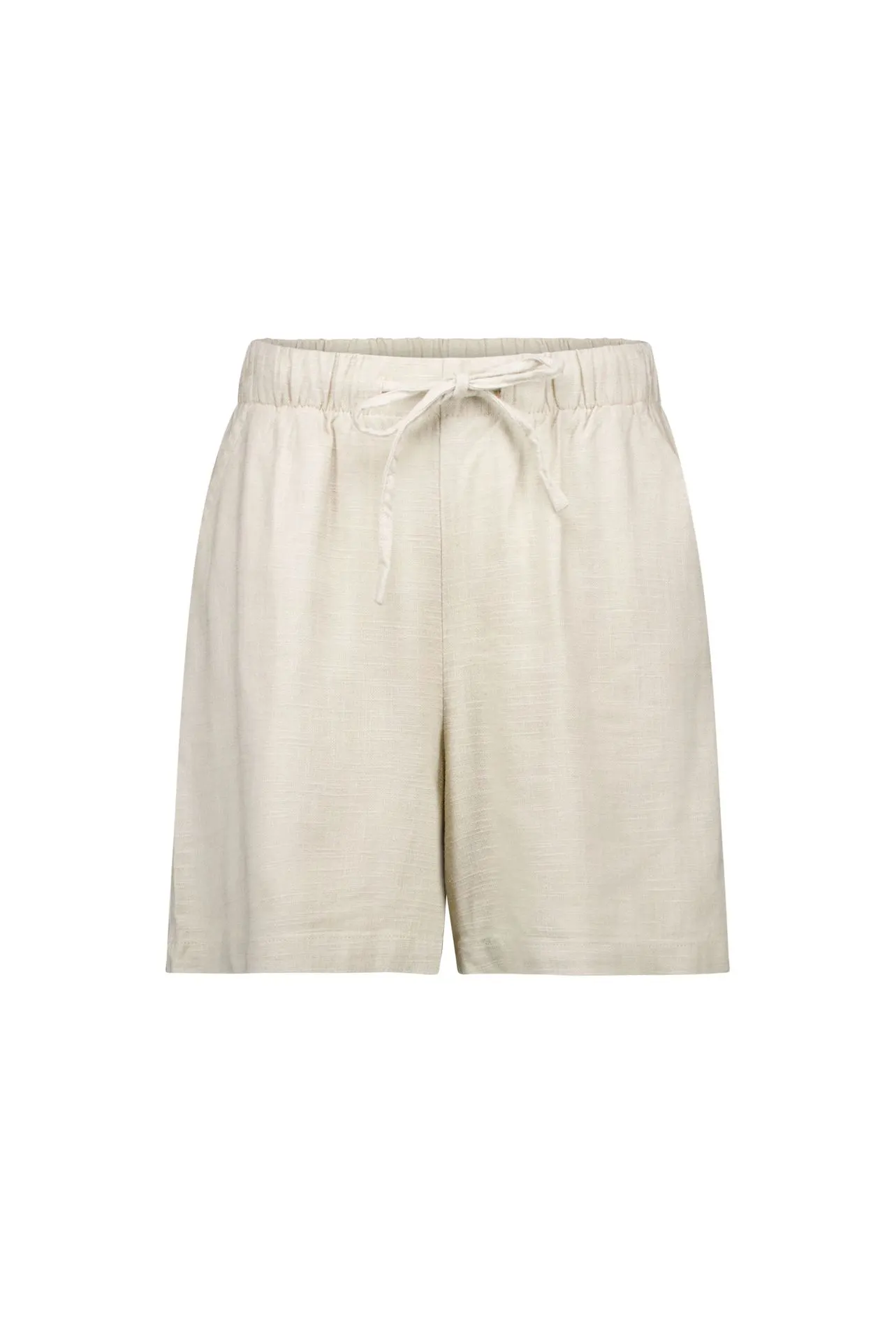 Korte zandkleurige broek met elastische tailleband
