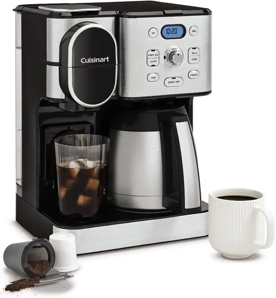 Coffee Center 10-Cup Thermal Carafe Drip Coffee Maker and Single-Serve Brewer with Over Ice Function, Fully Automatic Coffeemaker, Compatible with Single-Cup Pods, Black/Stainless, SS-21NAS