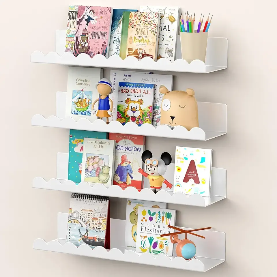 Nursery Book Shelves, 17 Inch Metal Floating Shelves for Wall 4 Pack, Scalloped Shelves, Wall Mounted Book Shelf for Kids Bedroom, Baby Room, Nursery Decor (White)
