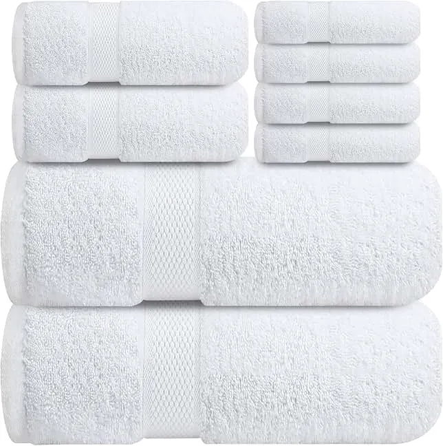 Infinitee Xclusives Luxury 100% Cotton Towel Set – 8 Piece Bathroom Towel Set (2 Bath Towels, 2 Hand Towels, 4 Washcloths) – Soft & Absorbent Towels for Bathroom (Brilliant White)