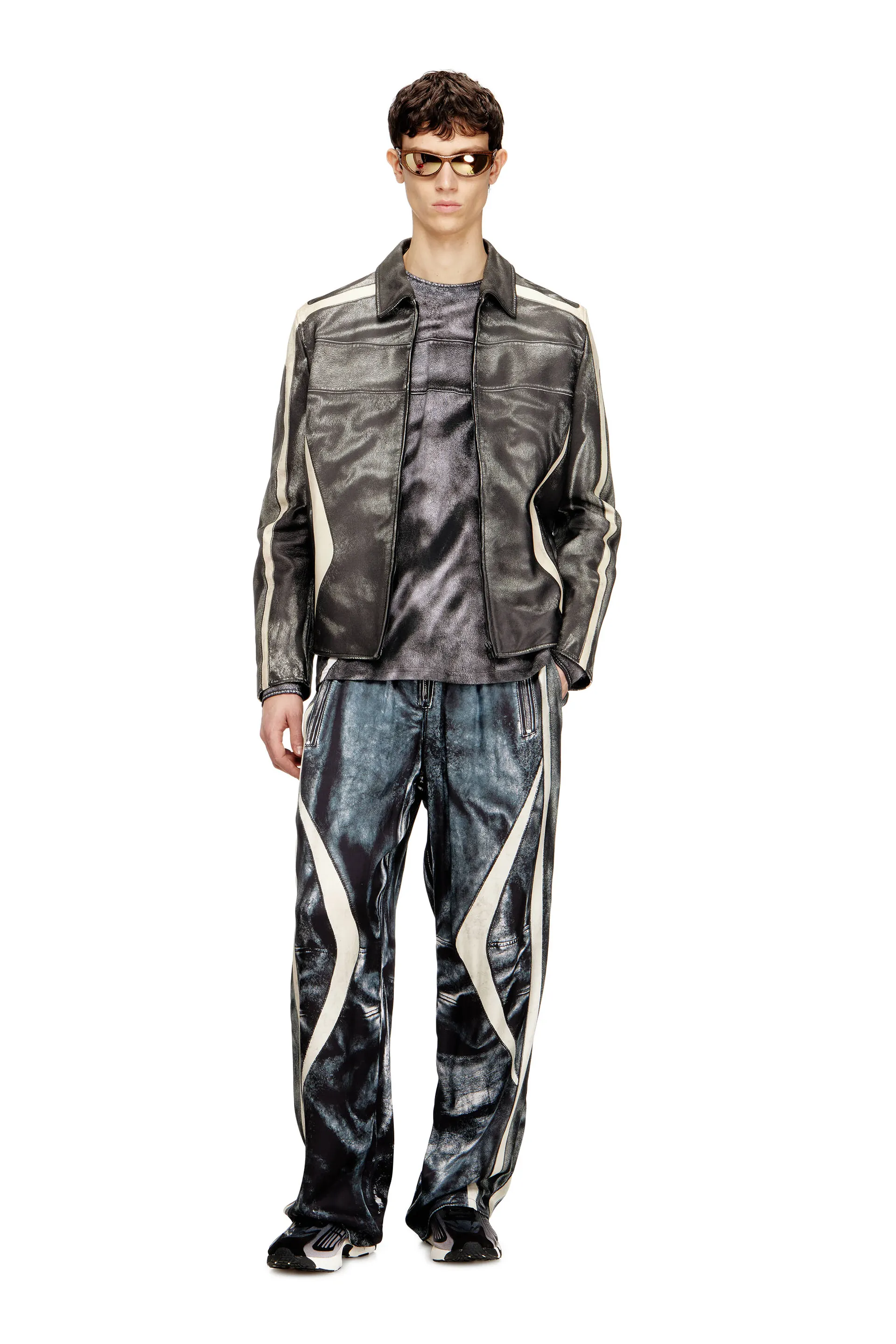 Leather coach jacket with biker print