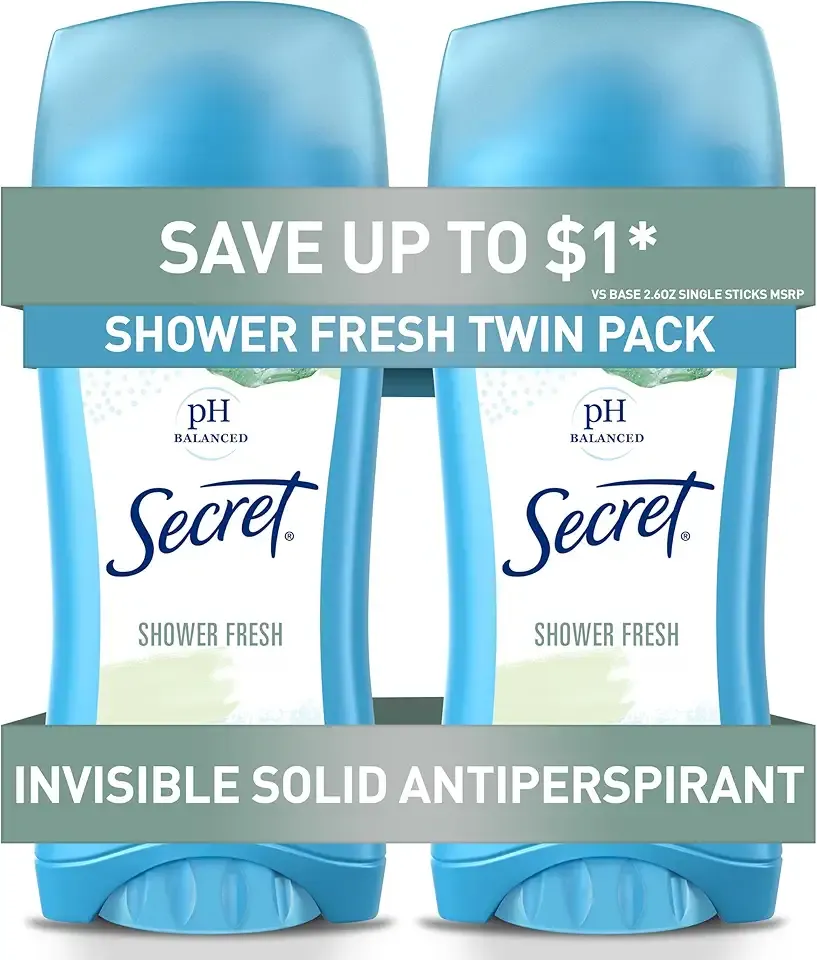 Secret Antiperspirant and Deodorant for Women, 24hr Sweat & Odor Protection, PH Balanced Protection, Gentle on Skin, Invisible Solid, Shower Fresh Scent, 2.6 oz (Pack of 2)
