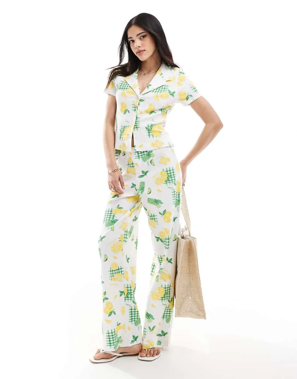 ASOS DESIGN shrunken revere waffle shirt and shorts in lemon drink print