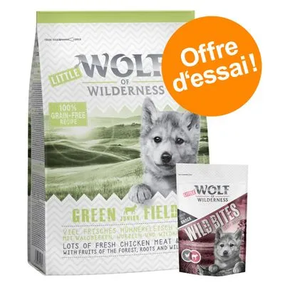 Offre d'essai : croquettes 1 kg + friandises chiots Wolf of Wilderness 1 kg croquettes Junior Soft Wide Acres + 180 g friandises Leafy Willows
