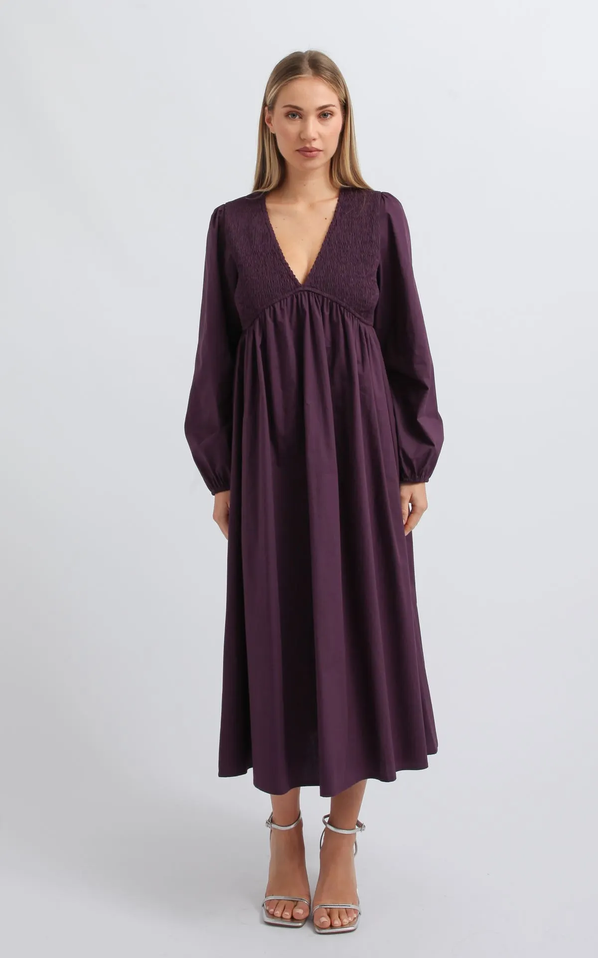 Cotton Poplin Shirred LS Dress