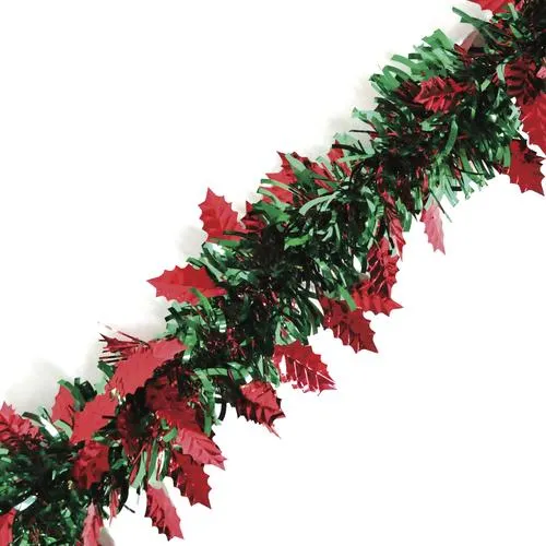 Enchanted Forest® 12' Green Tinsel Christmas Garland with Red Leaves