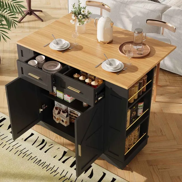 Isla de Cocina Moderna, Buffet, Carro de Almacenamiento con Grano de Madera, Mesa Multifuncional con Espacio de Almacenaje y Estantes Extensibles