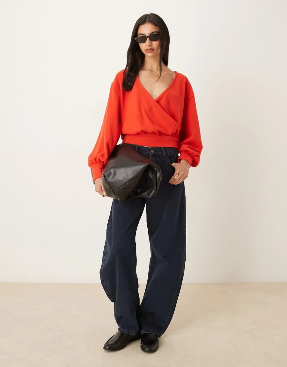 ASOS DESIGN Supersoft wrap balloon sleeve top in red