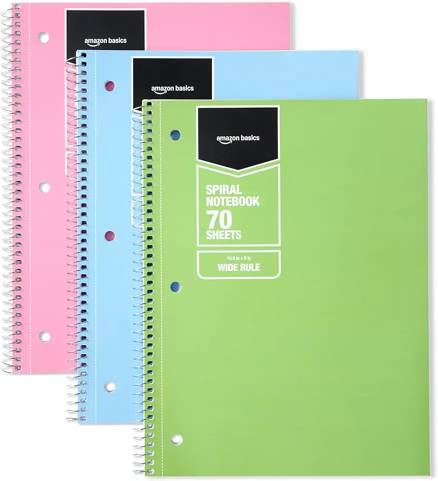 Amazon Basics Wide Ruled Spiral Notebook, For Work and School, 70 Sheets, 8" x 10.5", 3 pack, Assorted Pastel Solid Colors