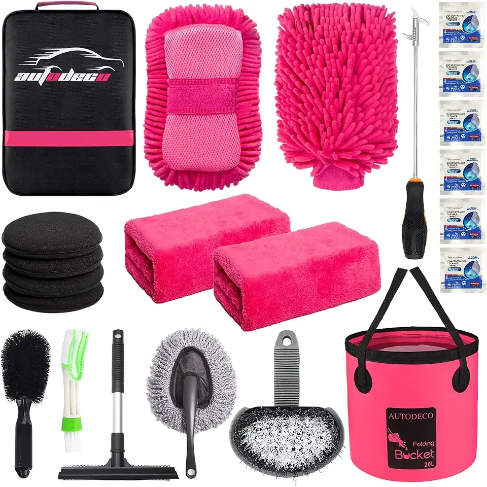 22Pcs Car Wash Cleaning Tools Kit Car Detailing Set with Canvas Bag Pink Collapsible Bucket Wash Mitt Sponge Towels Tire Brush Window Scraper Duster Complete Interior Car Care Kit