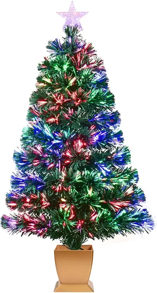 3ft Green Fiber Optic Christmas Tree,Pre-Lit Artificial Mini Christmas Tree, Tabletop Small Xmas Tree with Stars Holiday Home Decorations