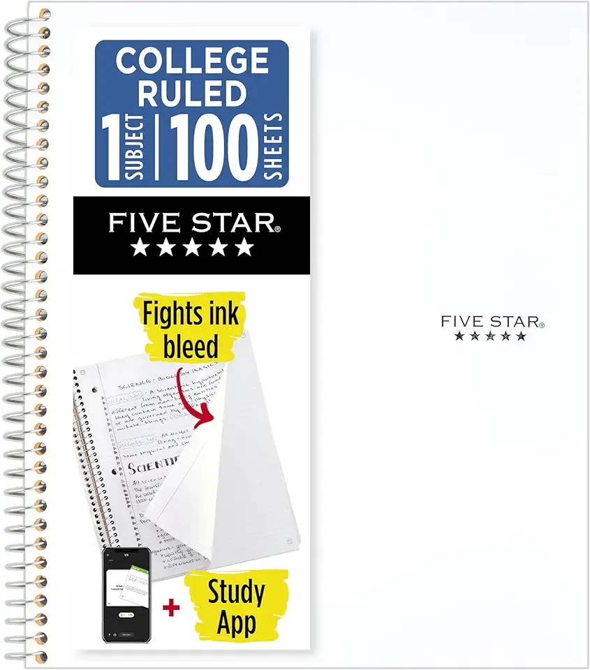 Five Star Spiral Notebook + Study App, 1 Subject, College Ruled Paper, 8-1/2" x 11", 100 Sheets, Fights Ink Bleed, Water Resistant Cover, White (72456)