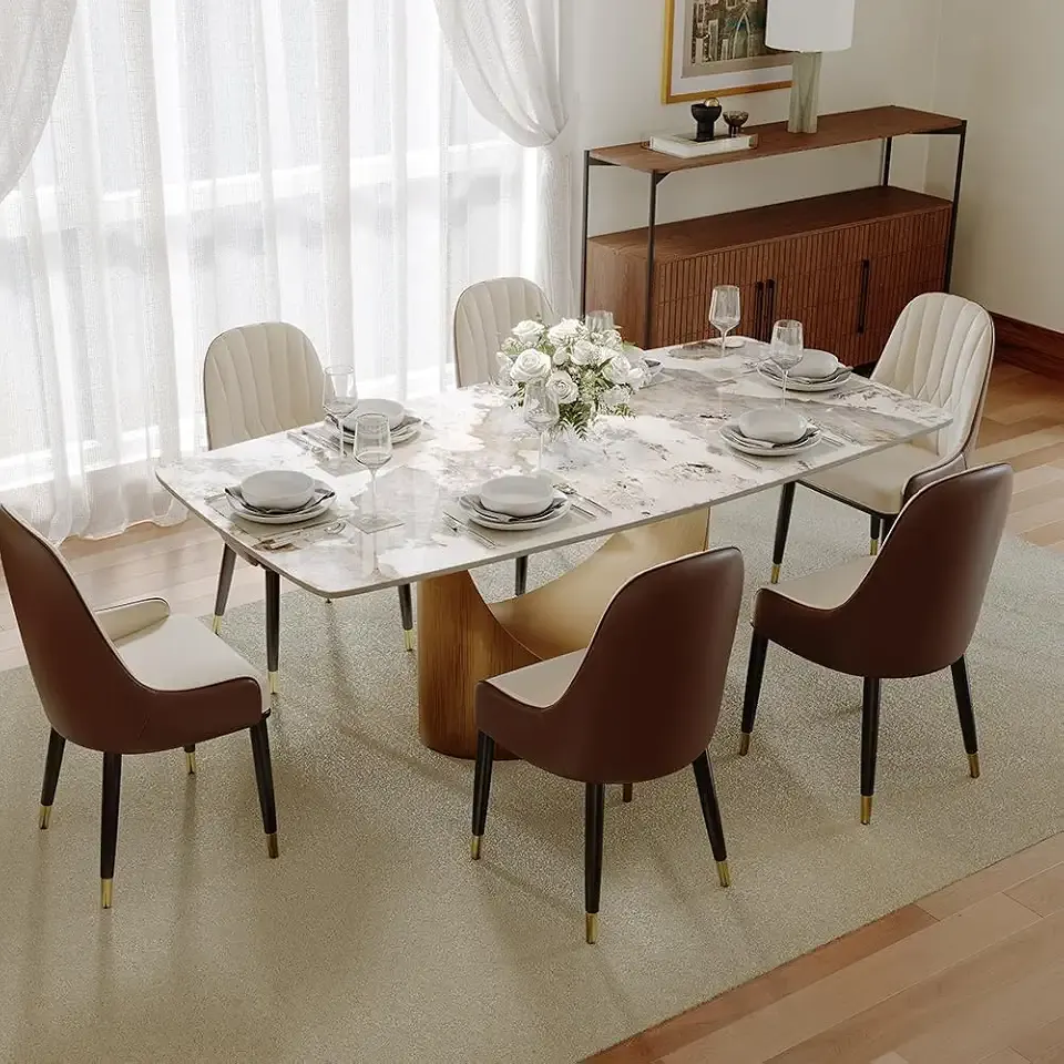 POVISON 71" Modern Dining Table for 6, Hobart Rectangle Sintered Stone Dining Table, Glossy Pandora Dining Room Tabletop with Solid Carbon Steel Base (Table Only)