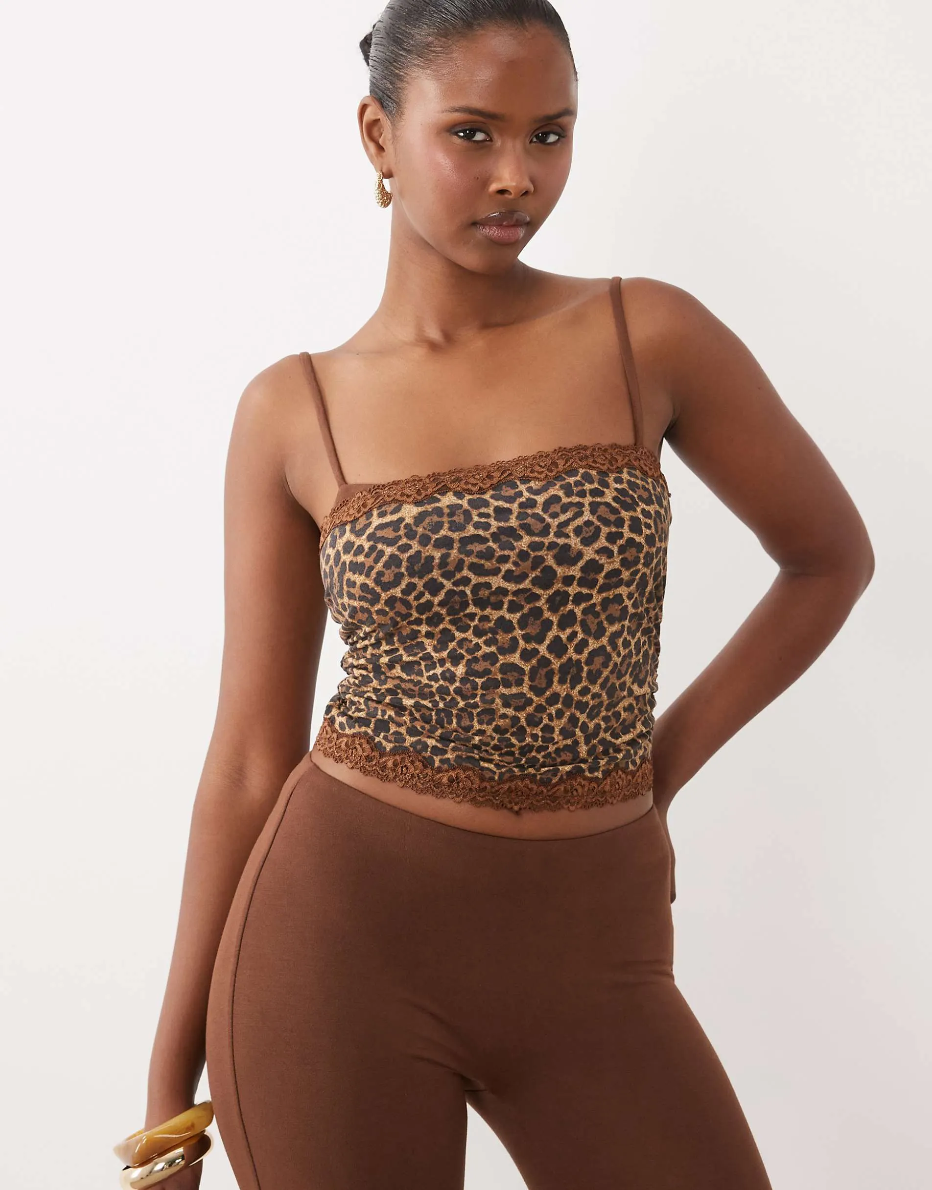 Oh Polly modal peekaboo lace trim cami top in leopard